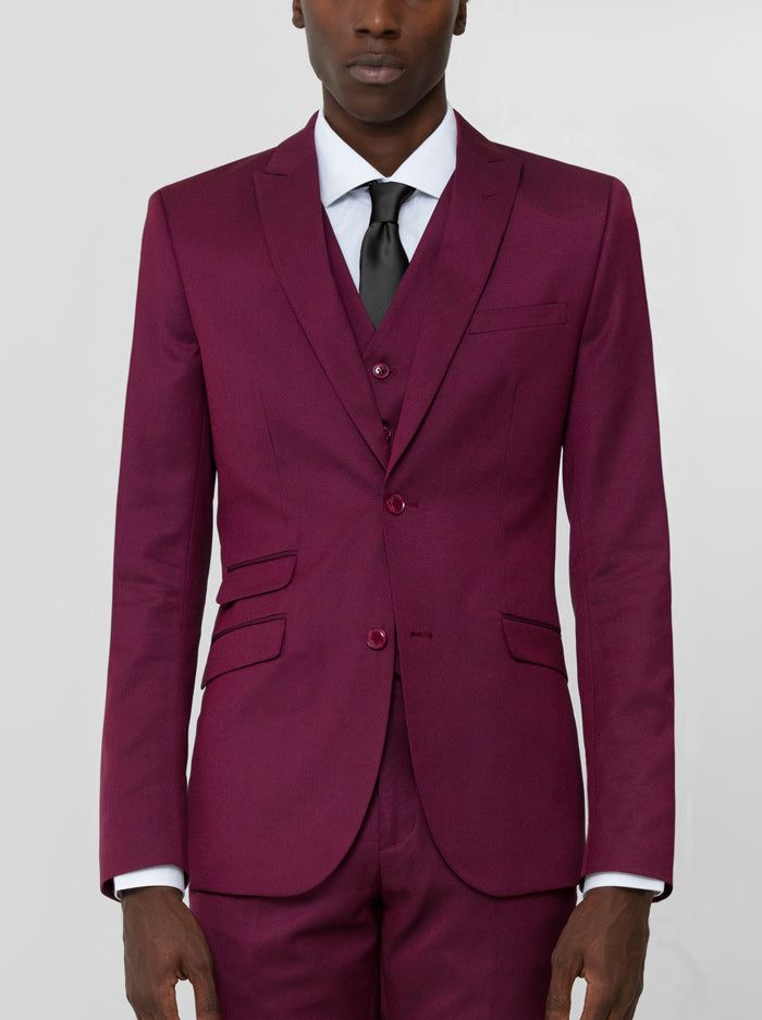 Burgundy Birdseye Three Piece Peak Lapel Ticket Pocket Suit sold by Alain Dupetit product image thumbnail 3