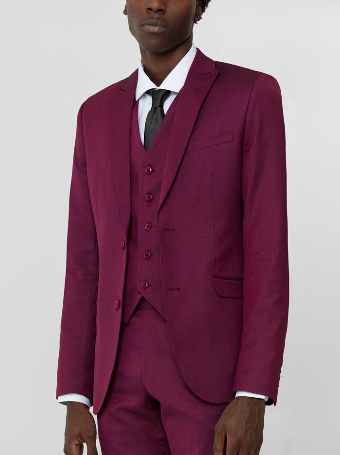 Burgundy Birdseye Three Piece Peak Lapel Ticket Pocket Suit sold by Alain Dupetit product image thumbnail 2