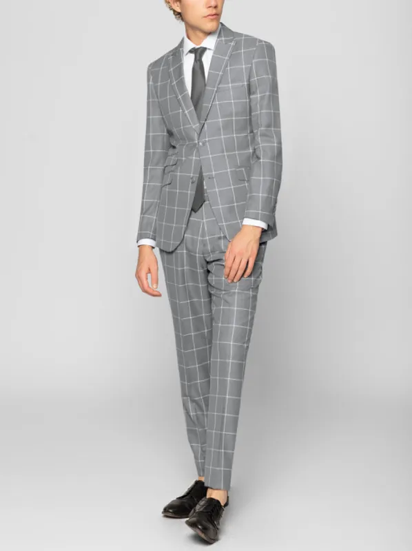Grey Windowpane Two Button Peak Lapel Ticket Pocket Suit sold by Alain Dupetit