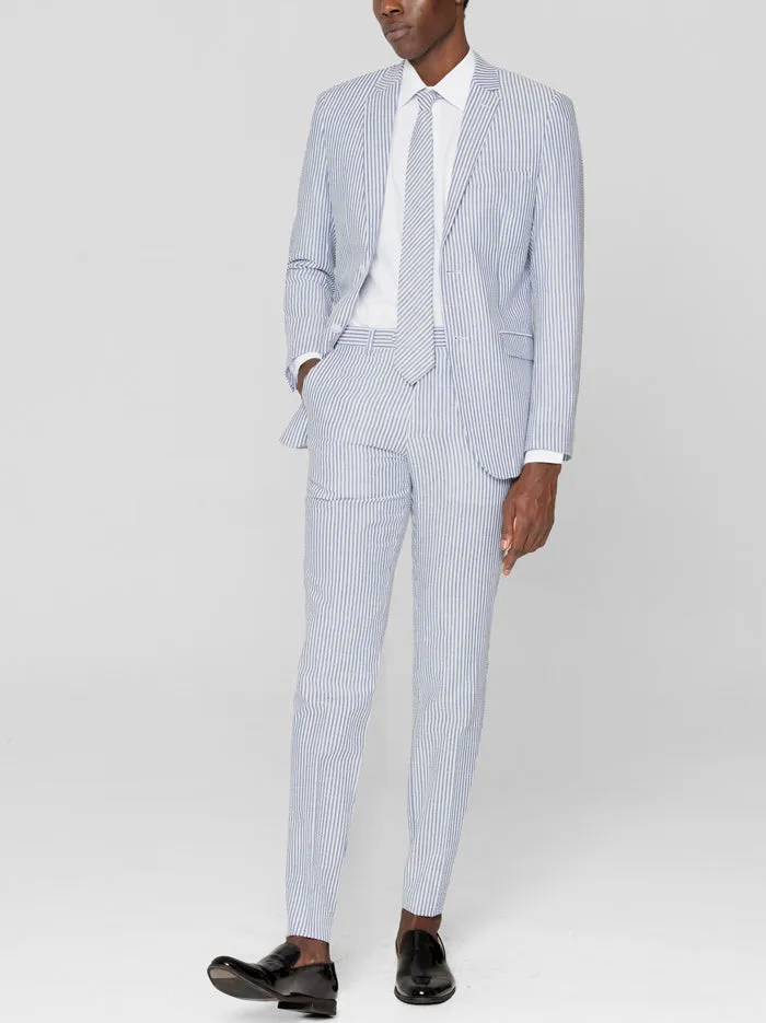 Navy Blue & White Seersucker Two Button Suit sold by Alain Dupetit