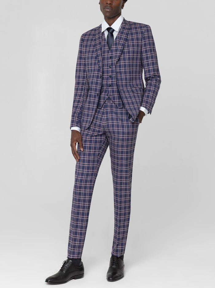 Blue & Rose Plaid Three Piece Peak Lapel Ticket Pocket Suit sold by Alain Dupetit