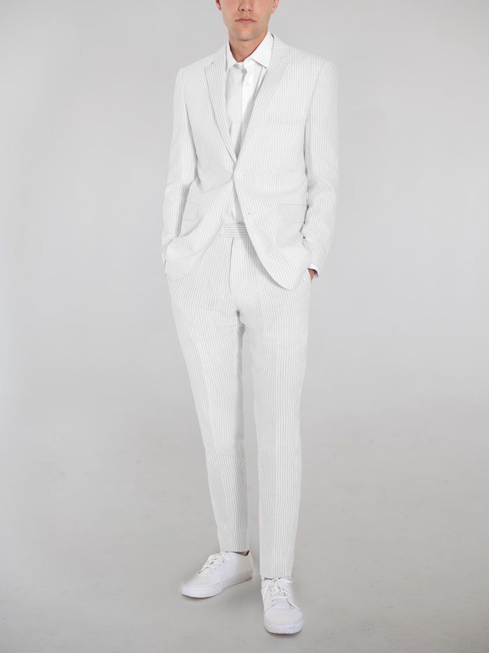 White Seersucker Two Button Suit sold by Alain Dupetit