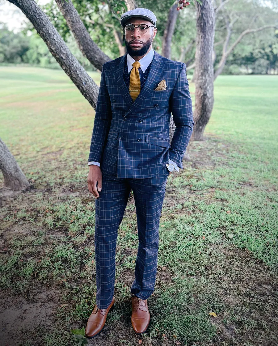 Dark Blue & Tan Windowpane Double Breasted Suit (Open Box) sold by Alain Dupetit product image thumbnail 5