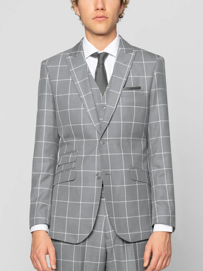 Grey Windowpane Three Piece Peak Lapel Ticket Pocket Suit sold by Alain Dupetit product image thumbnail 3