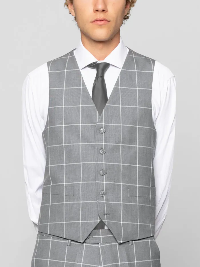 Grey Windowpane Three Piece Peak Lapel Ticket Pocket Suit sold by Alain Dupetit product image thumbnail 4