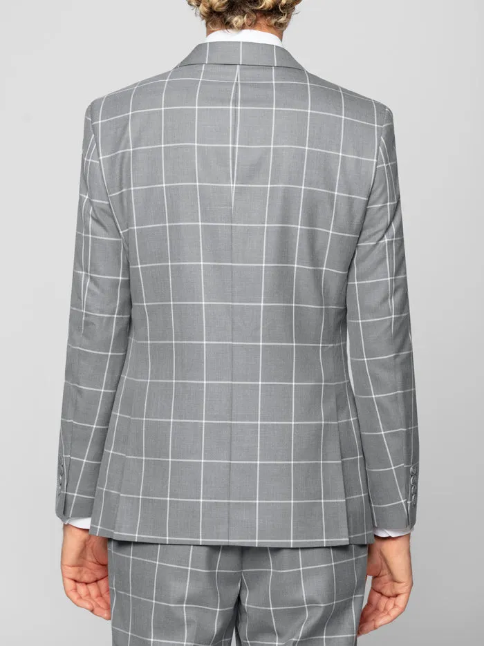 Grey Windowpane Three Piece Peak Lapel Ticket Pocket Suit sold by Alain Dupetit product image thumbnail 5