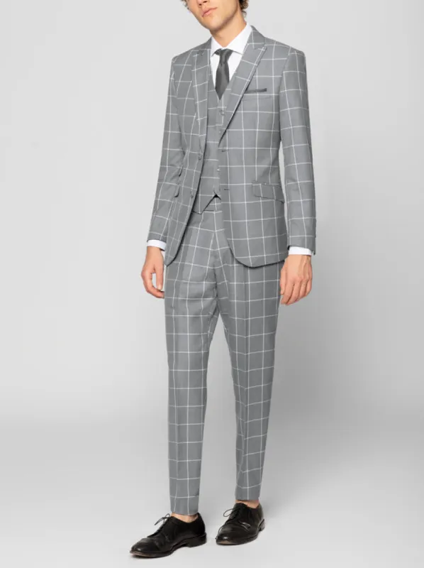 Grey Windowpane Three Piece Peak Lapel Ticket Pocket Suit sold by Alain Dupetit