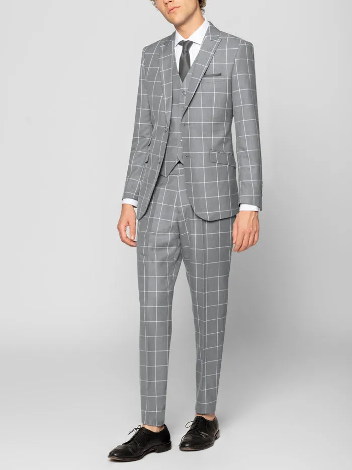 Grey Windowpane Three Piece Peak Lapel Ticket Pocket Suit sold by Alain Dupetit