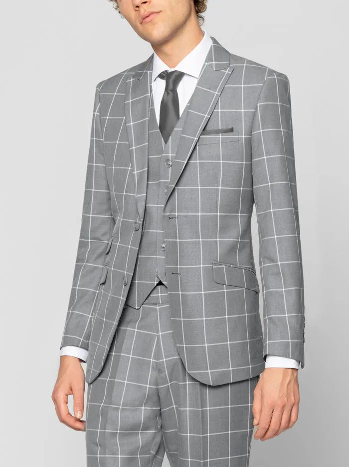 Grey Windowpane Three Piece Peak Lapel Ticket Pocket Suit sold by Alain Dupetit product image thumbnail 2