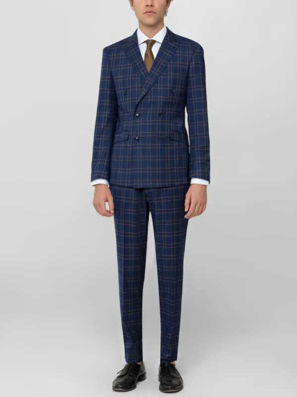 Dark Blue & Tan Windowpane Double Breasted Suit sold by Alain Dupetit