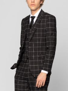 Black & White Windowpane Three Piece Peak Lapel Ticket Pocket Suit sold by Alain Dupetit