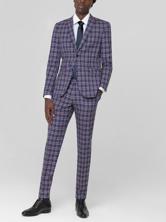 Blue & Rose Plaid Two Button Peak Lapel Ticket Pocket Suit sold by Alain Dupetit