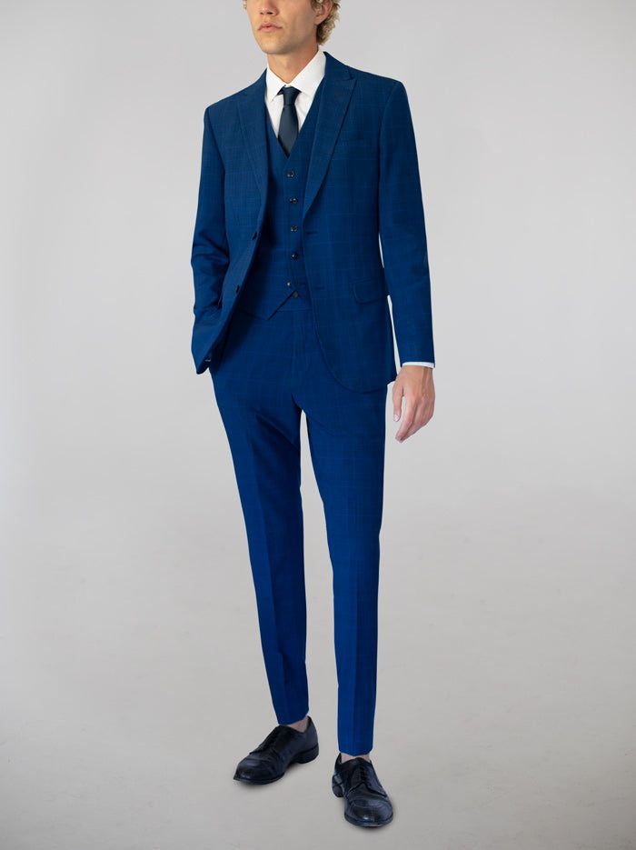 Blue Glen Plaid Three Piece Peak Lapel Ticket Pocket Suit sold by Alain Dupetit