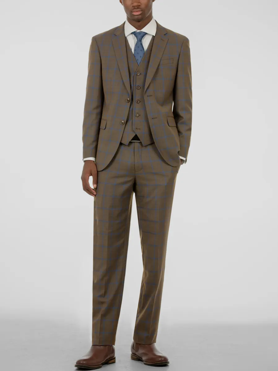 Golden Brown & Blue Windowpane Three Piece Suit | Parallel