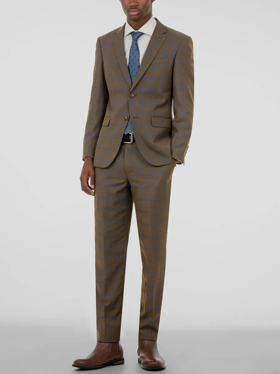 Golden Brown & Blue Windowpane Two Button Suit sold by Alain Dupetit