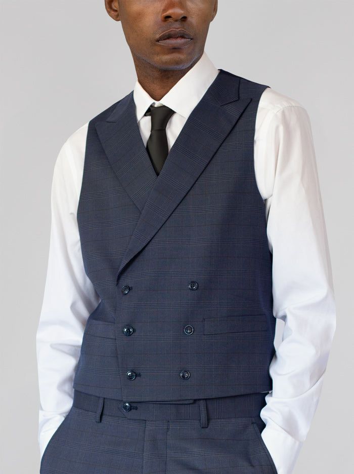 Navy Blue Plaid Three Piece Double Breasted Vest Suit sold by Alain Dupetit product image thumbnail 4