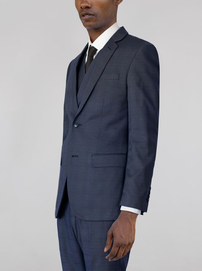 Navy Blue Plaid Three Piece Double Breasted Vest Suit sold by Alain Dupetit product image thumbnail 3