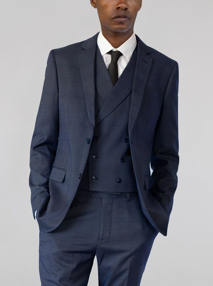 Navy Blue Plaid Three Piece Double Breasted Vest Suit sold by Alain Dupetit product image thumbnail 2