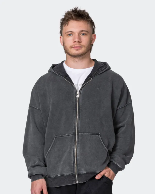 Mens Vintage Oversized Zip Up Hoodie - Washed Black sold by Muscle Nation