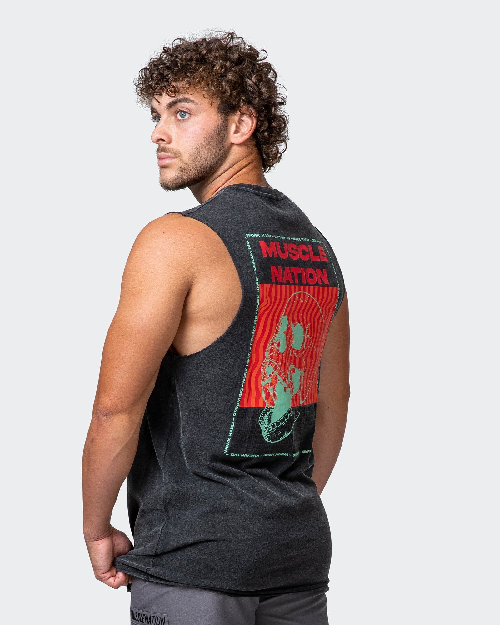 Mens Skull Vintage Tank - Washed Black/Red sold by Muscle Nation