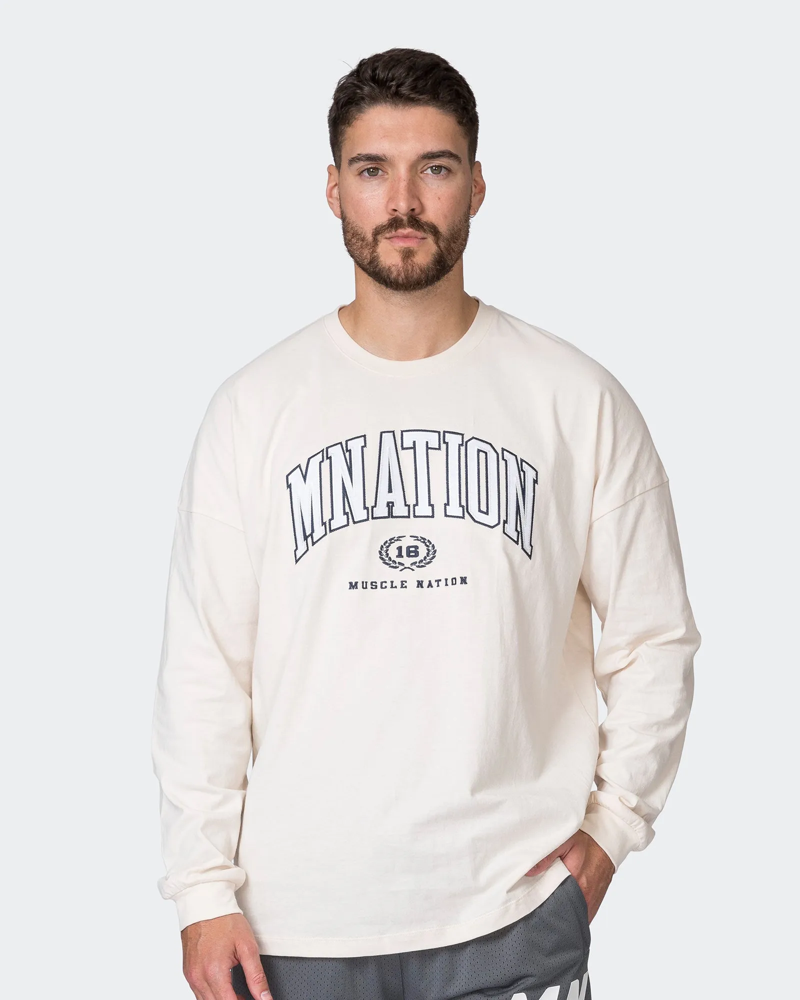 MN Varsity Oversized Long Sleeve Tee - Travertine sold by Muscle Nation product image thumbnail 2