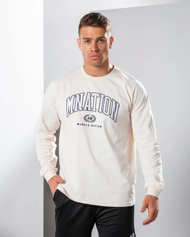 MN Varsity Oversized Long Sleeve Tee - Travertine sold by Muscle Nation