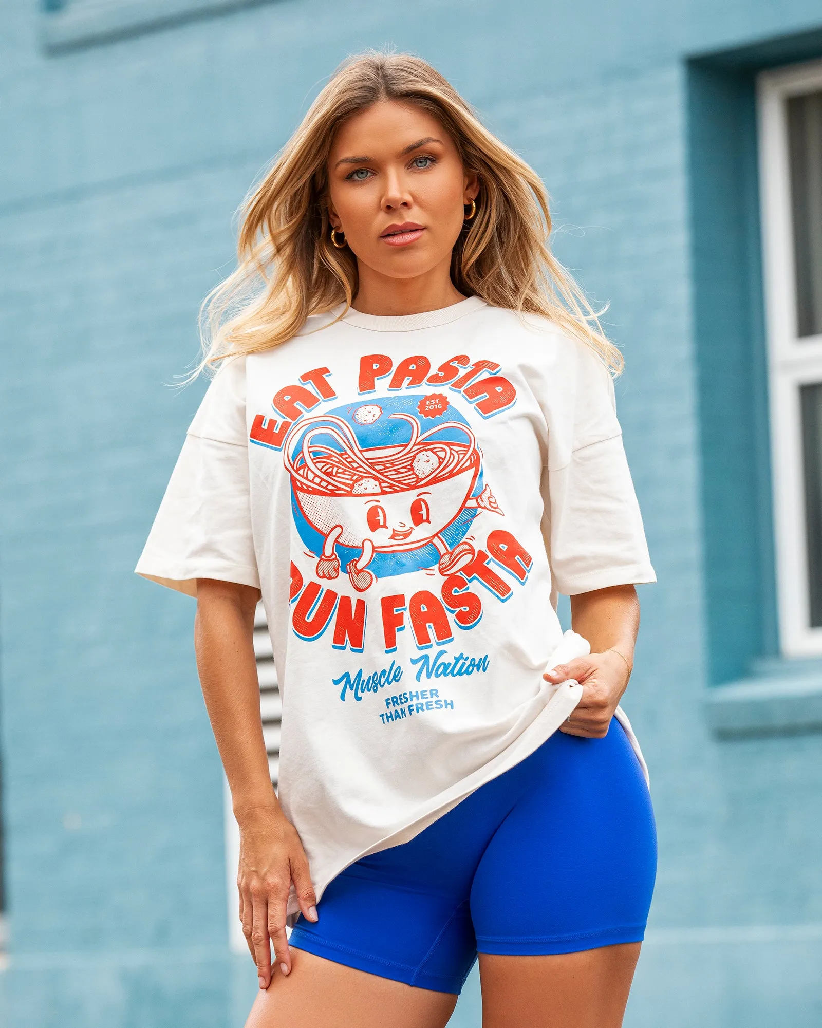 Womens Eat Pasta Run Faster Oversized Tee - Travertine sold by Muscle Nation