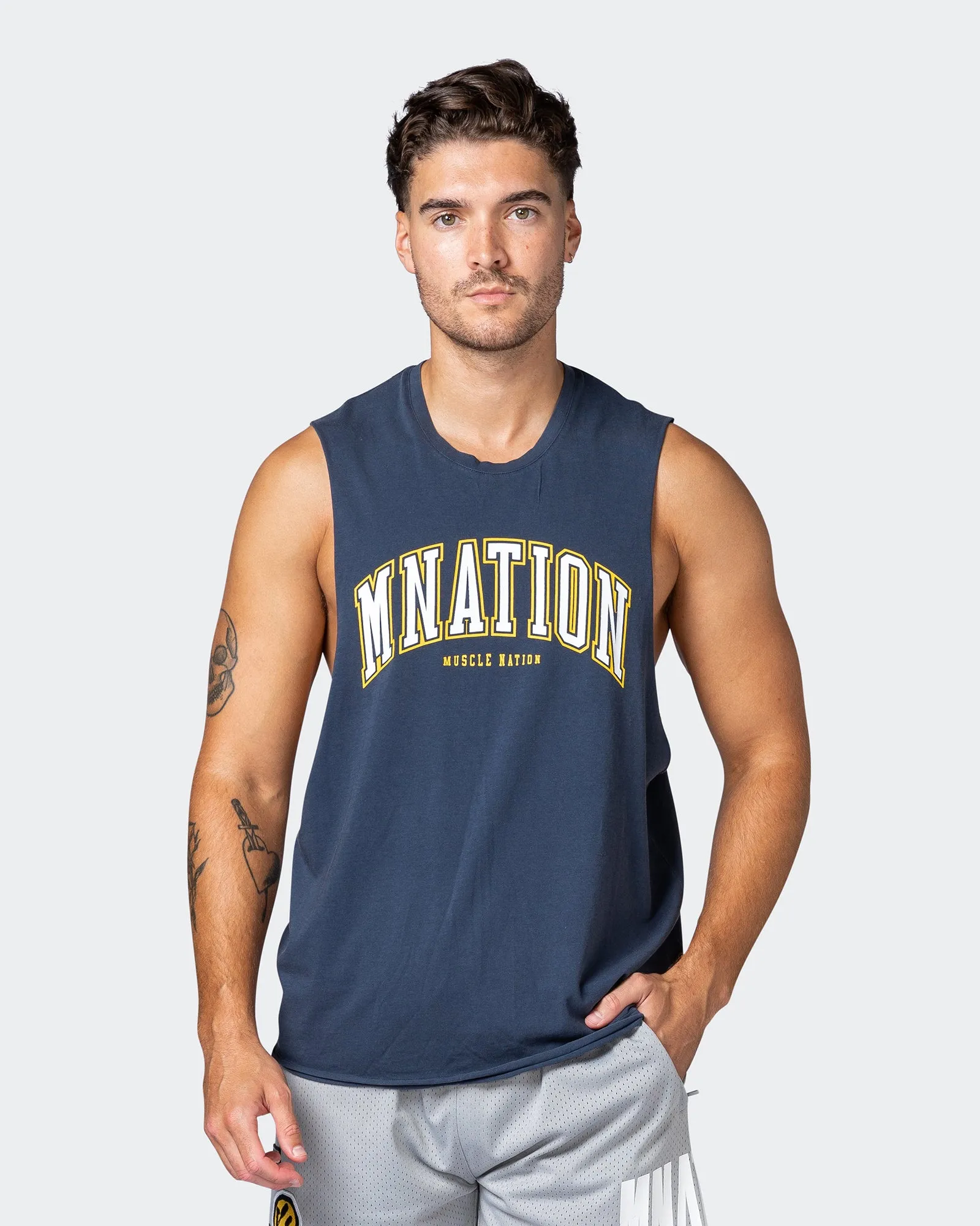 MNation Varsity Drop Arm Vintage Tank - Washed Dark Navy sold by Muscle Nation