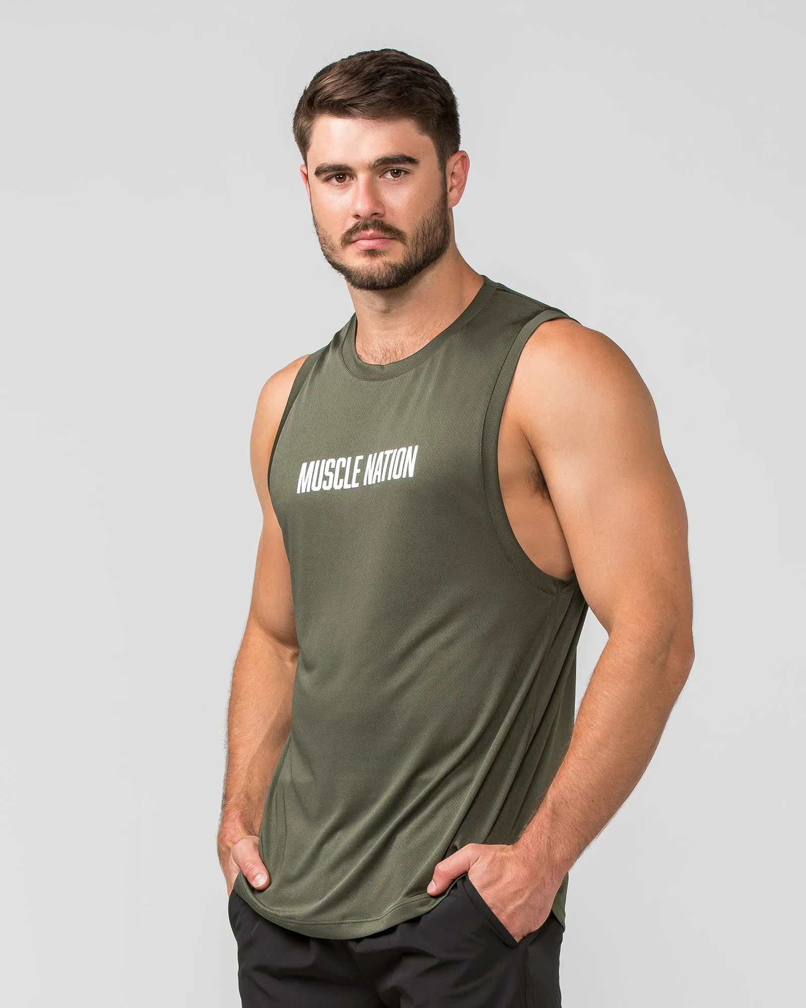 Burly Training Tank - Dark Khaki (White logo) sold by Muscle Nation product image thumbnail 2