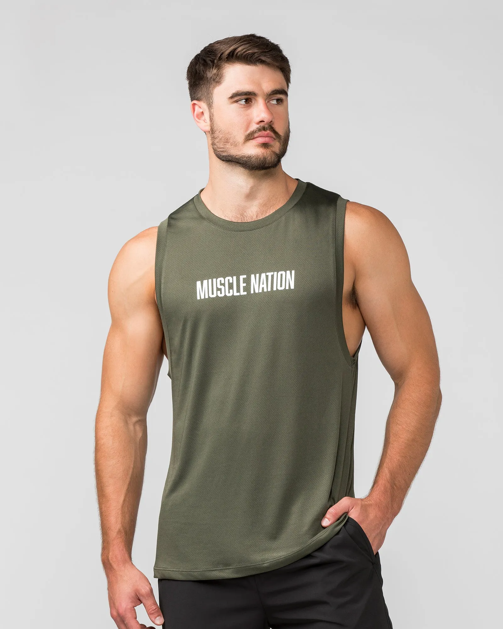 Burly Training Tank - Dark Khaki (White logo) sold by Muscle Nation