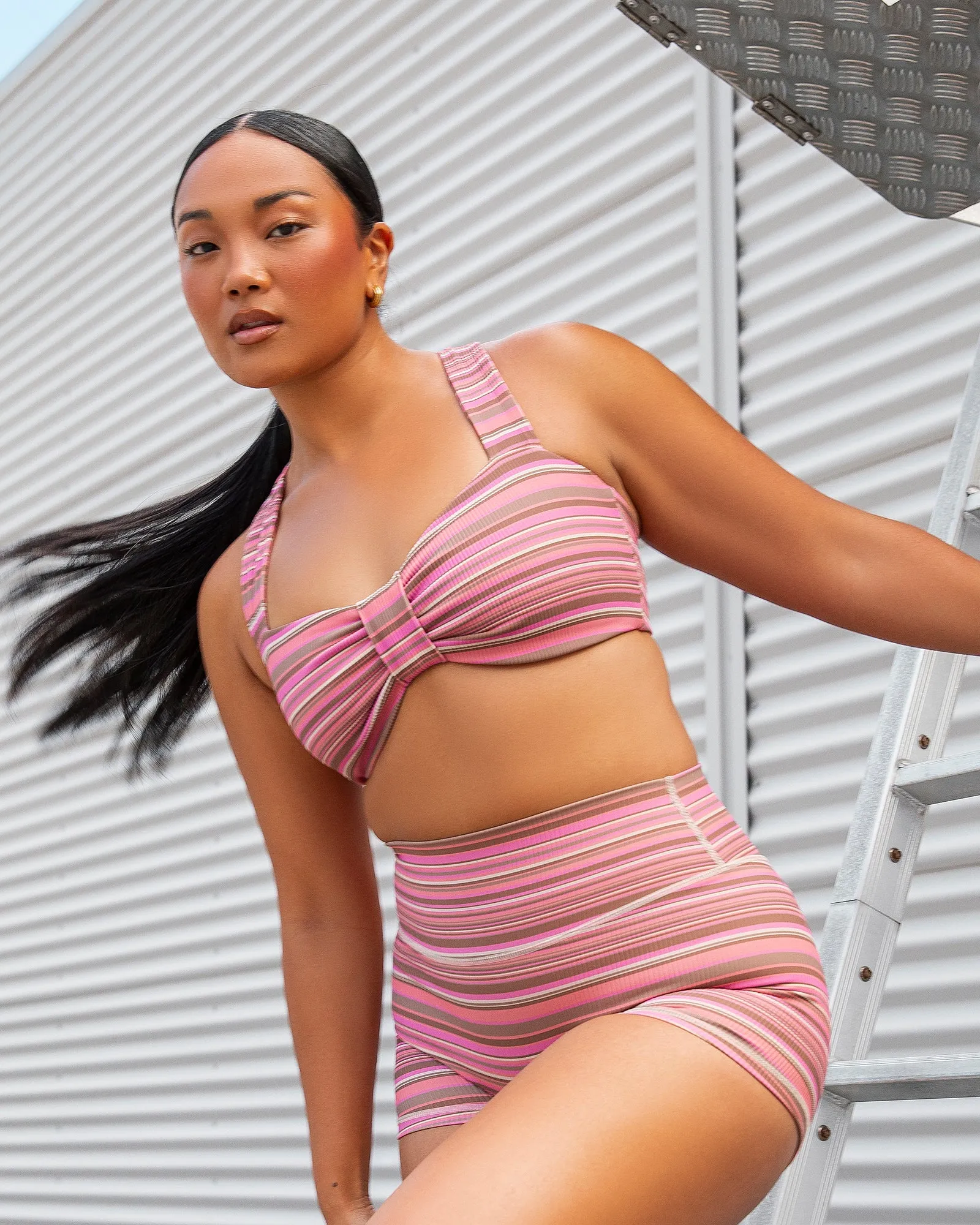 Lush Rib Bralette - Sunset Coral Stripe Print sold by Muscle Nation