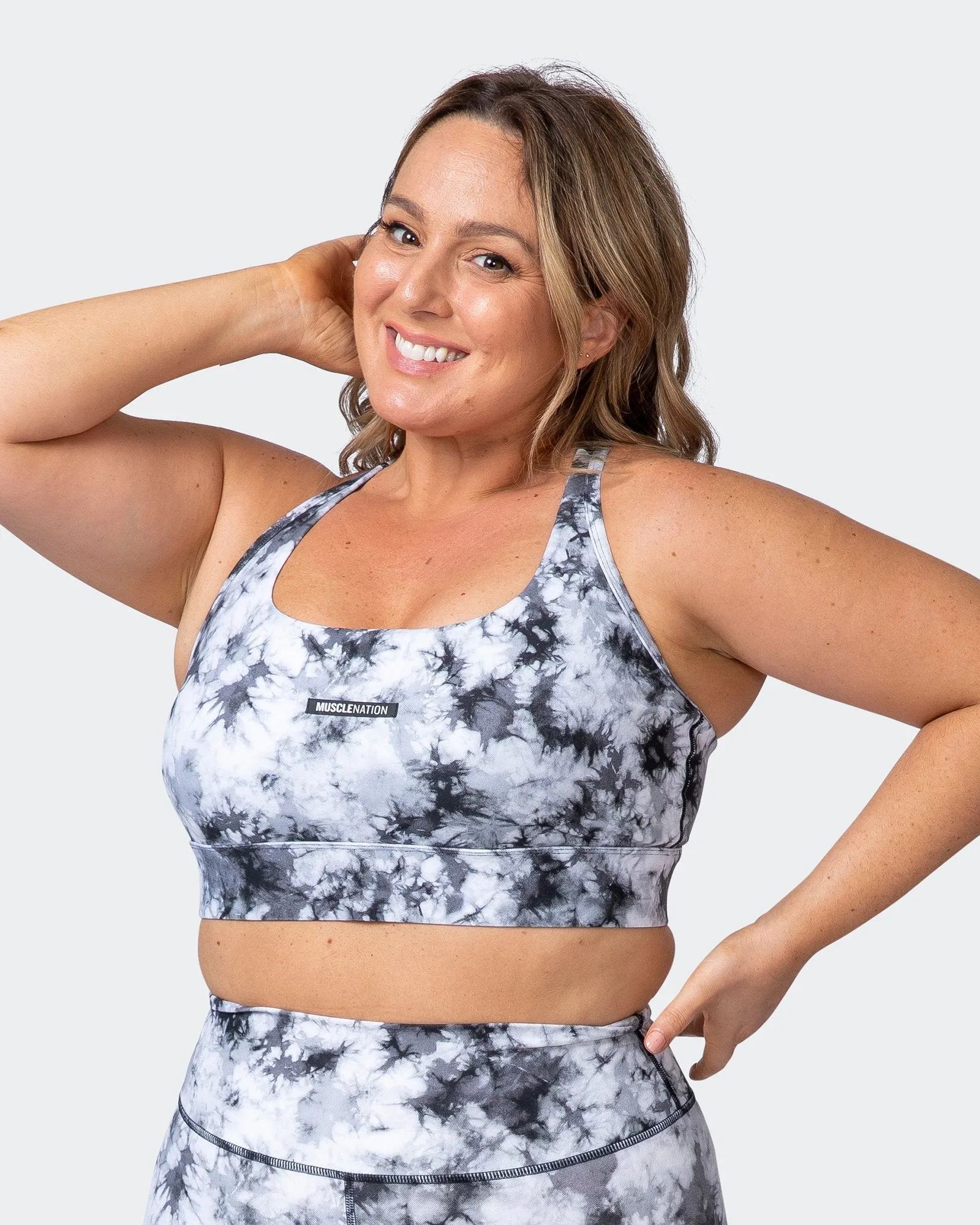 Brace Yourself Bra - Grey Black Tie Dye Print sold by Muscle Nation