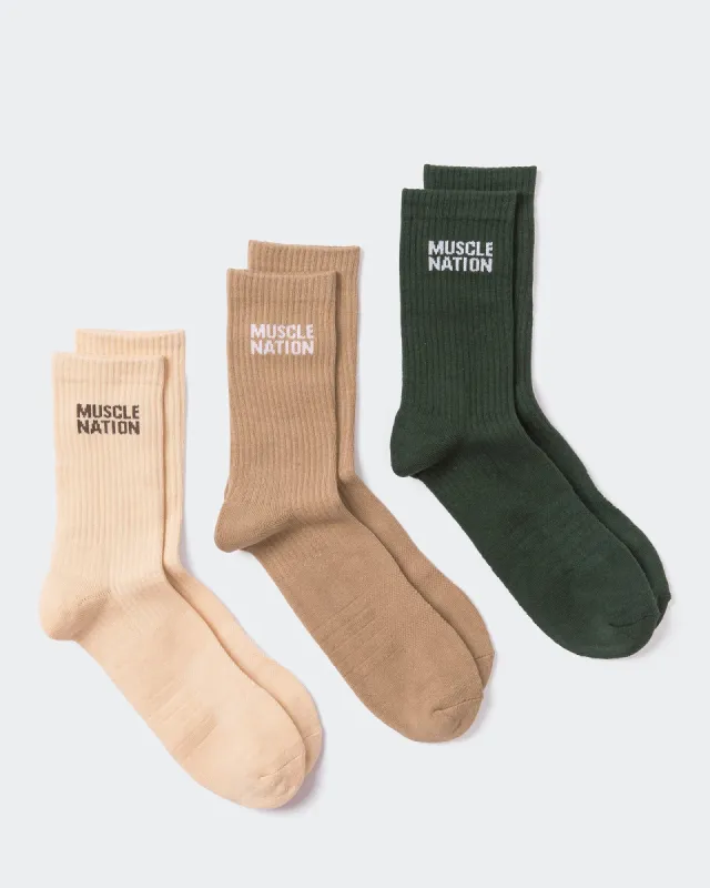 Mens Essential Crew Socks (3x Pack) - Cream / Eggshell / Evergreen sold by Muscle Nation
