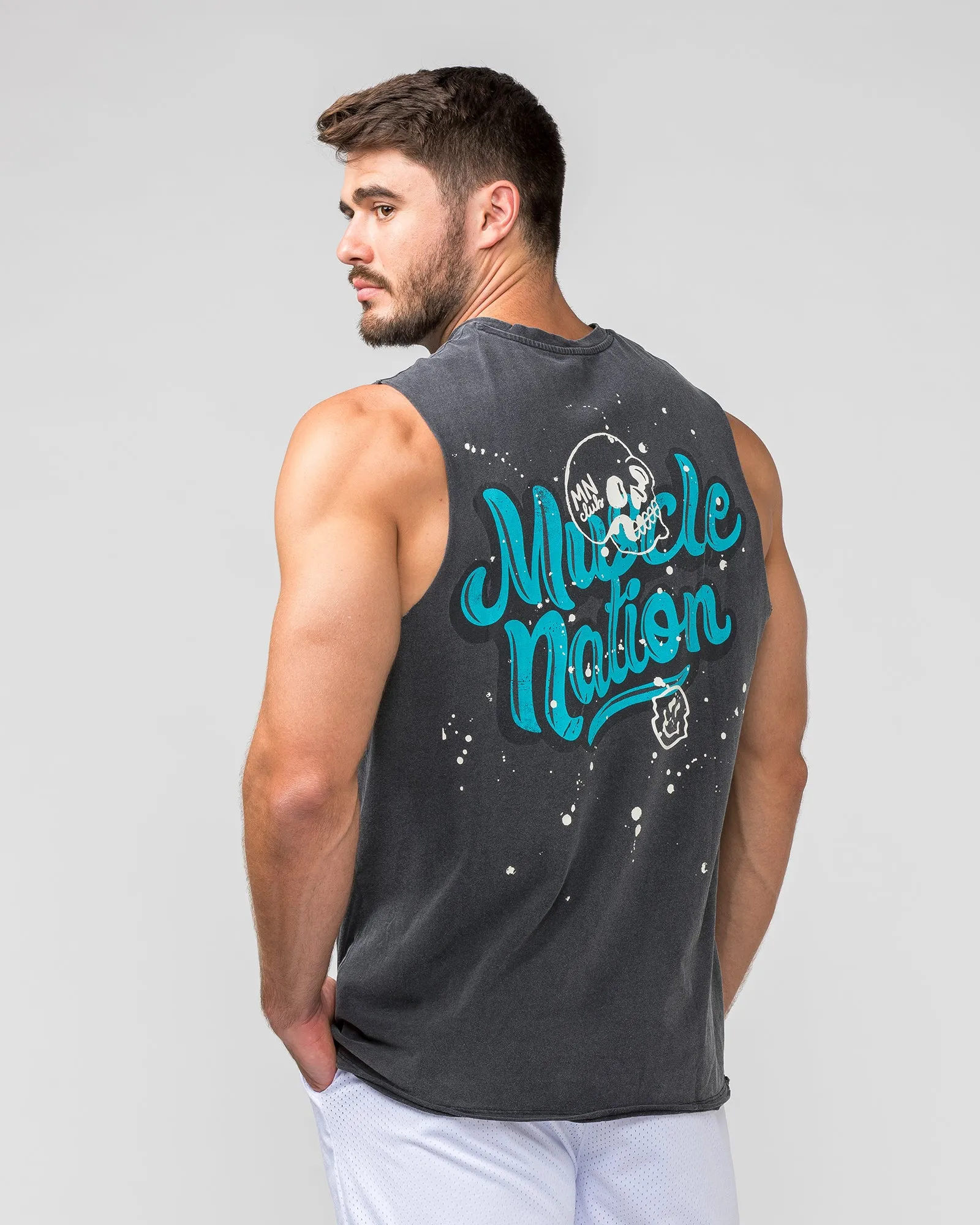 Graffiti Tag Vintage Tank - Washed Black / Capri Blue sold by Muscle Nation