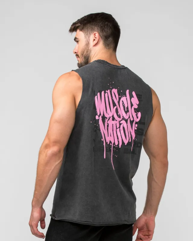 MN Graffiti Heavy Vintage Tank - Washed Black / Pink sold by Muscle Nation