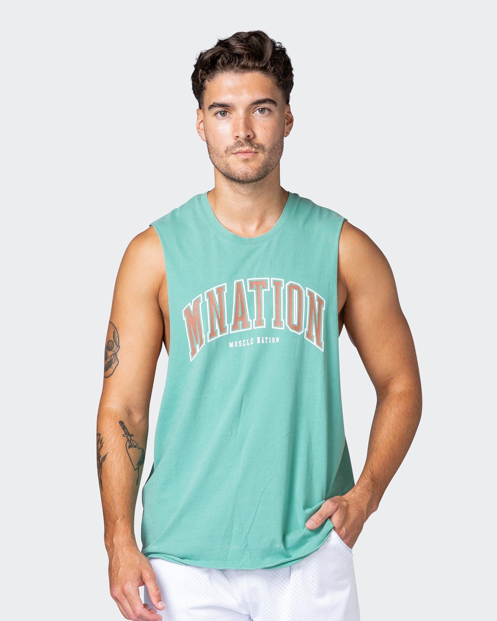 MNation Varsity Drop Arm Vintage Tank - Washed Mist sold by Muscle Nation product image thumbnail 2