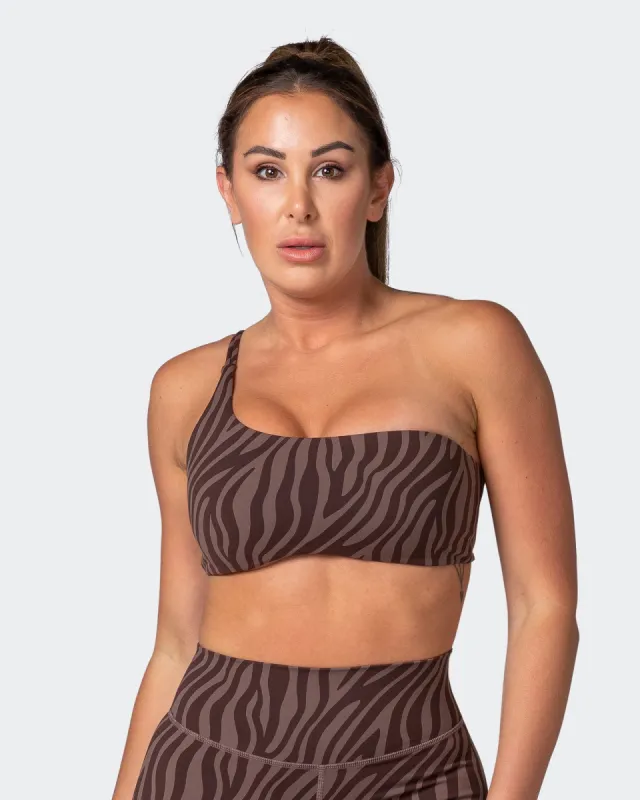 Movement One Shoulder Bralette - Coffee Zebra Print sold by Muscle Nation