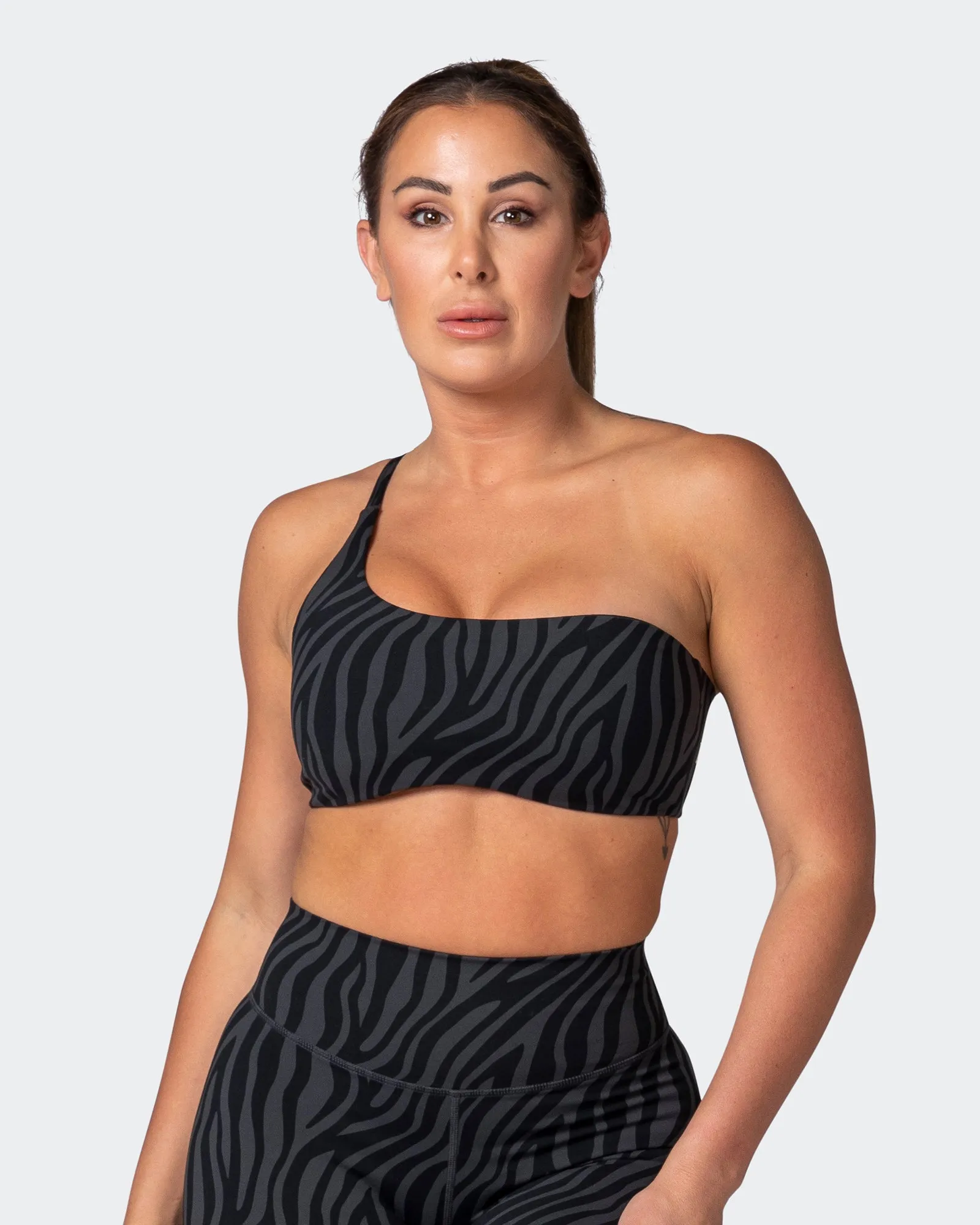 Movement One Shoulder Bralette - Monochrome Zebra Print sold by Muscle Nation