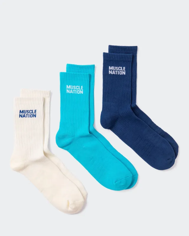 Mens Essential Crew Socks (3x Pack) - Navy / Hawaiian Blue / Off White sold by Muscle Nation