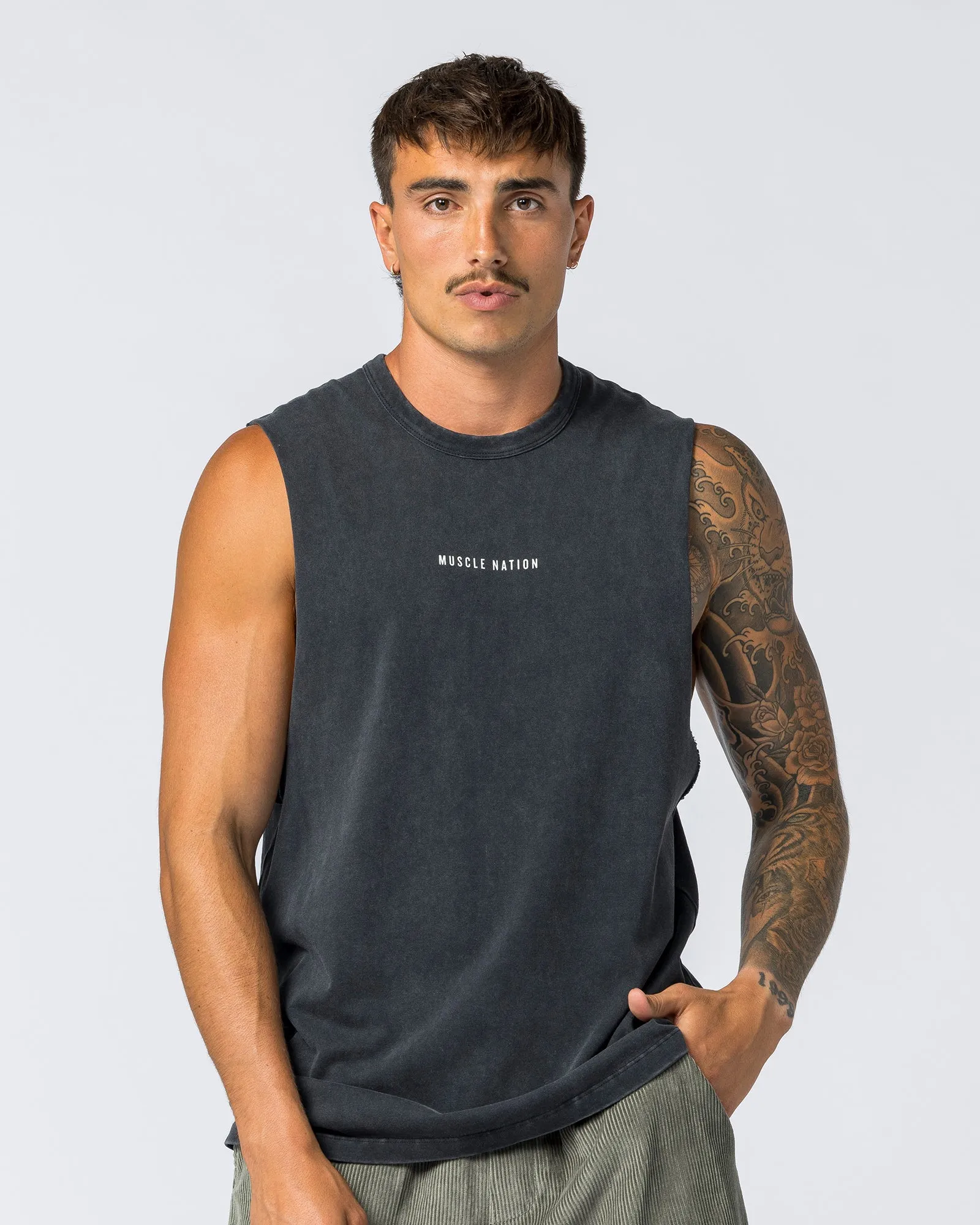Ease Drop Arm Heavy Vintage Tank - Washed Black sold by Muscle Nation