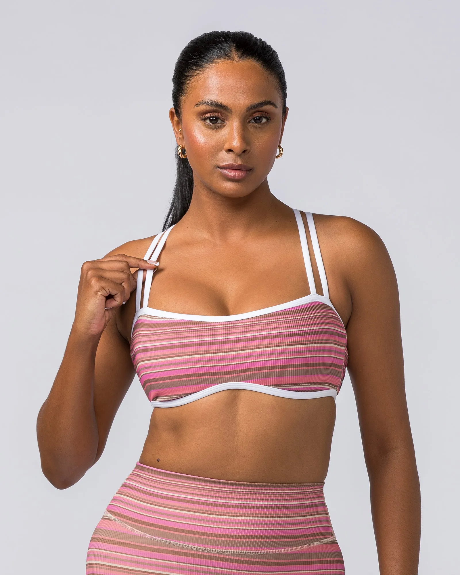 Curves Rib Bralette - Sunset Coral Stripe Print sold by Muscle Nation