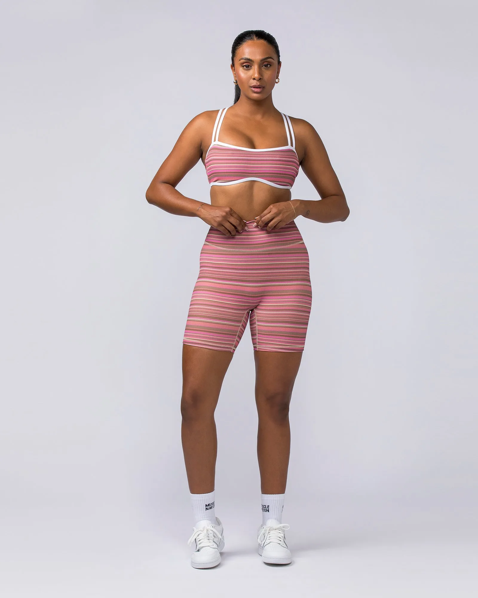 Curves Rib Bralette - Sunset Coral Stripe Print sold by Muscle Nation product image thumbnail 5