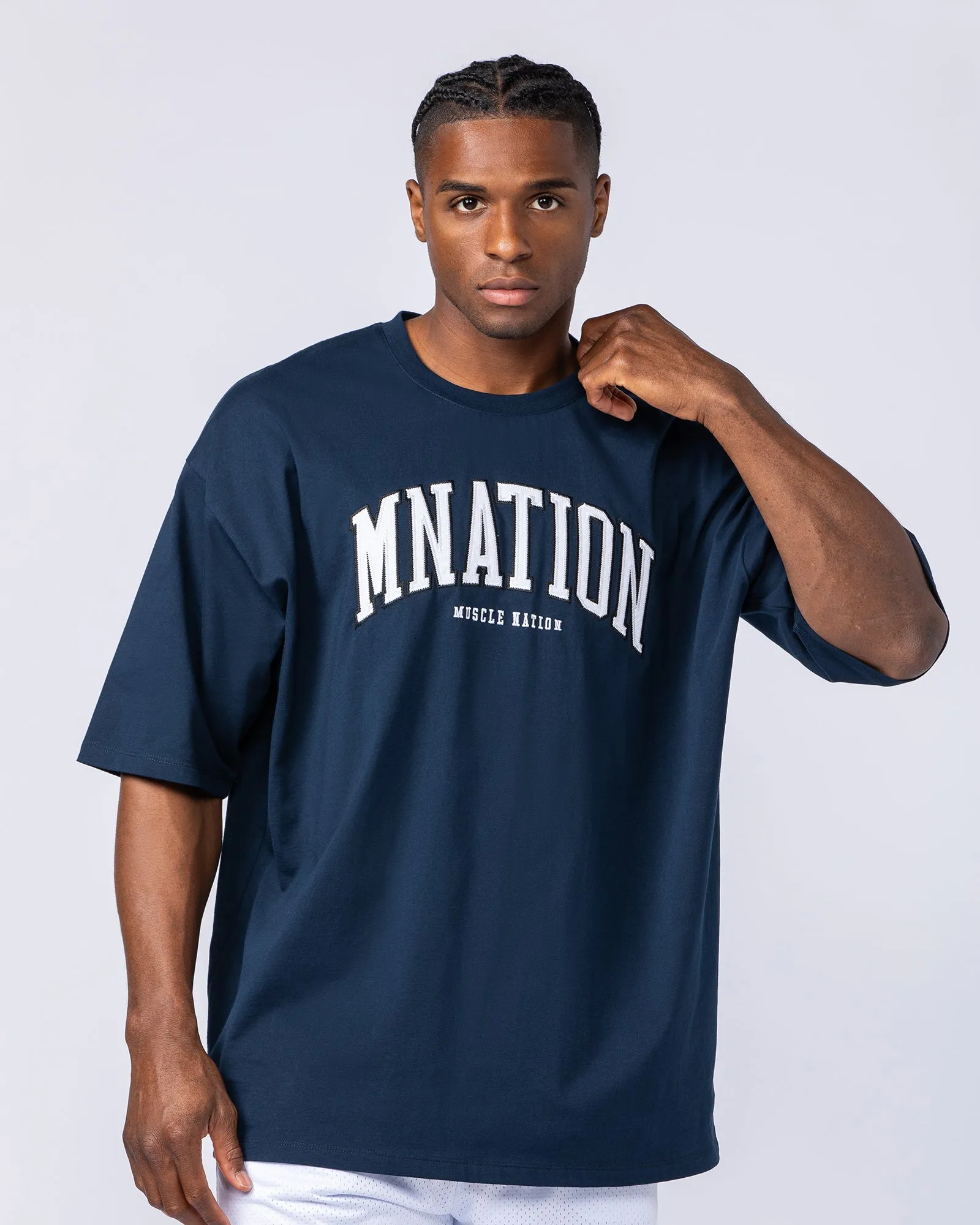 MN Varsity Oversized Tee - Navy sold by Muscle Nation