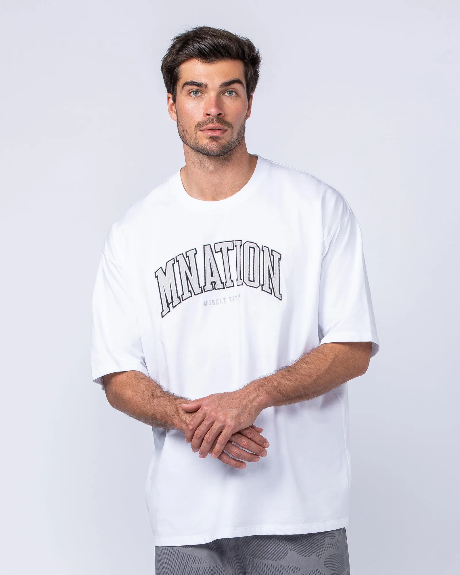 MN Varsity Oversized Tee - White sold by Muscle Nation