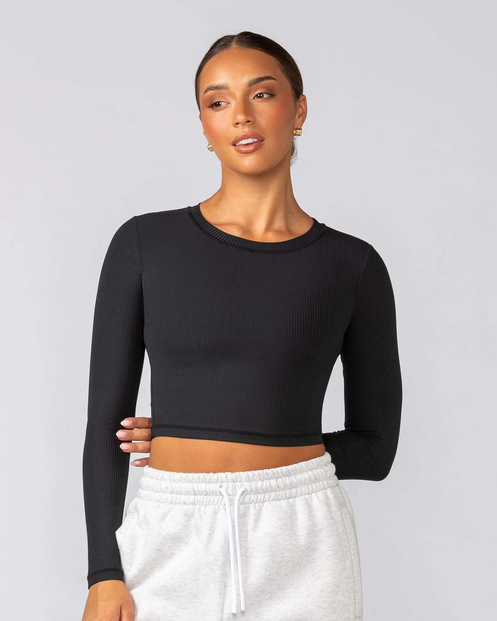 Sculpted Rib Long Sleeve Top - Black sold by Muscle Nation