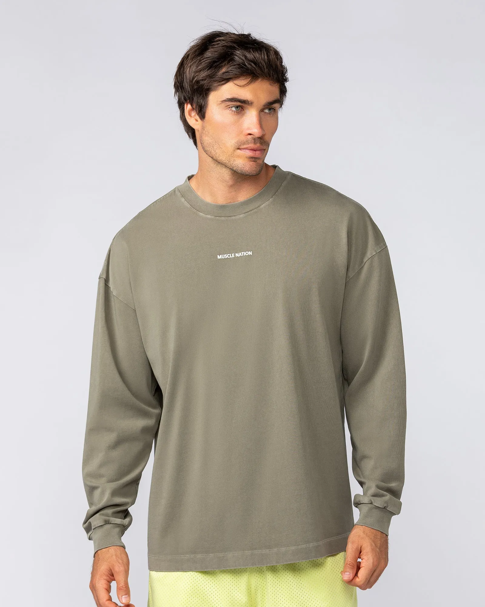 Alpha Oversized Mens Long Sleeve - Washed Dark Khaki sold by Muscle Nation