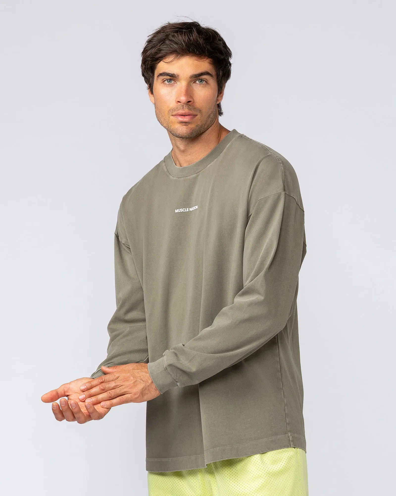 Alpha Oversized Mens Long Sleeve - Washed Dark Khaki sold by Muscle Nation product image thumbnail 2