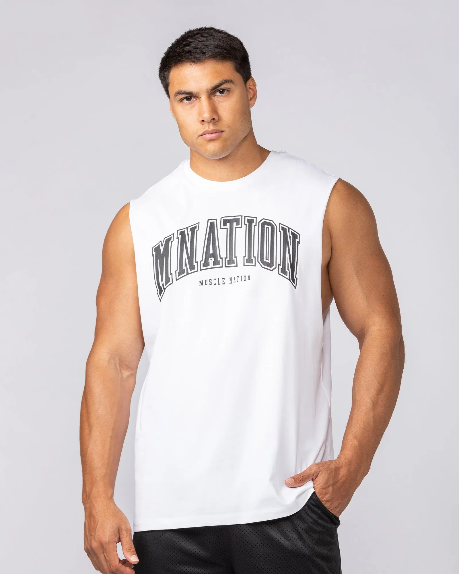 Varsity Training Drop Arm Tank - White sold by Muscle Nation