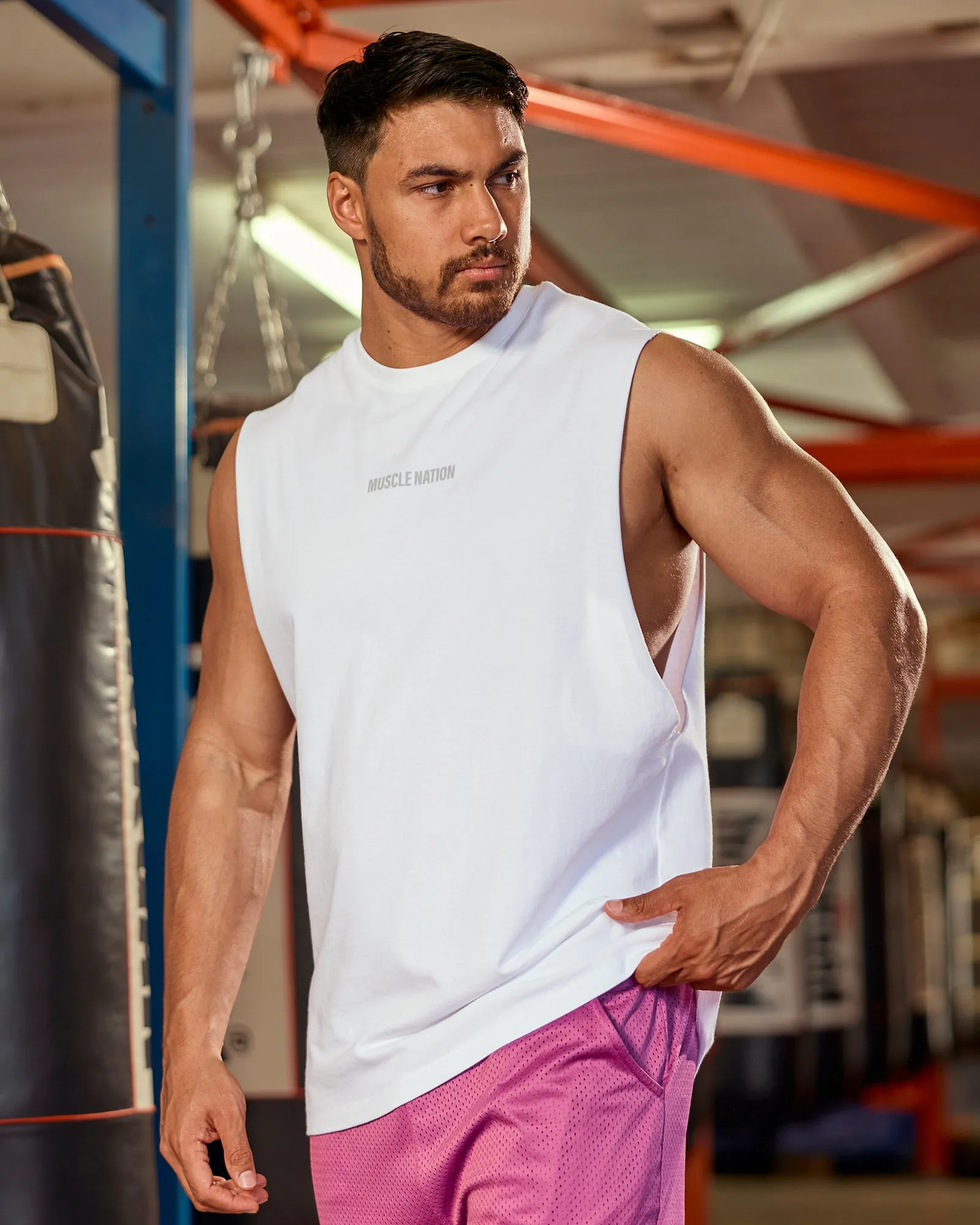 Training Drop Arm Tank - White sold by Muscle Nation