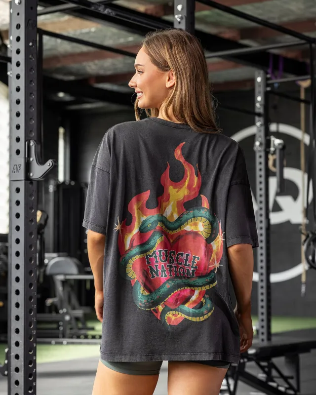 Hearts On Fire Oversized Tee - Washed Black made by Muscle Nation
